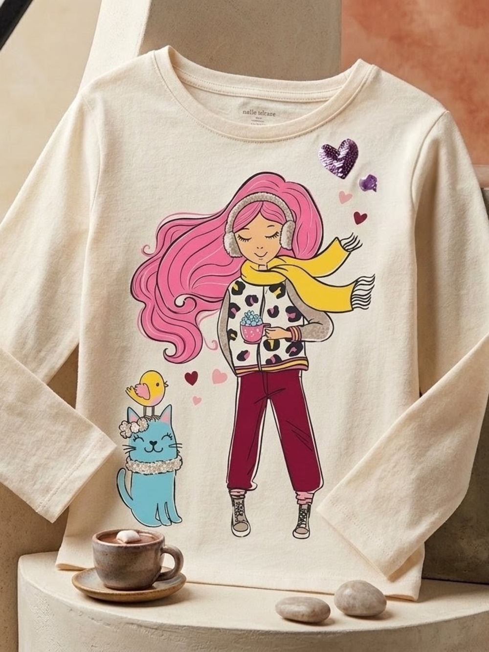 Garanimals Cream Long Sleeve Tee with Pink-Haired Girl and Blue Cat Graphic
